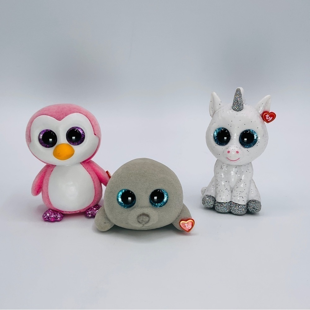 Ty Beanie Boos Figures Lot of 3 Unicorn Penguin Seal Flocked Toys Glit…